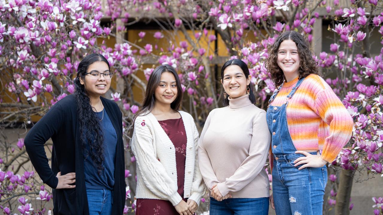 BioBoosters, the longstanding student club known for selling CBS apparel to support opportunities for life sciences students on campus, has named new officers. From the left, Suman Singh, Numa Islam, Rosana Miller and Brielle Machado. (Sasha Bakhter / UC Davis)