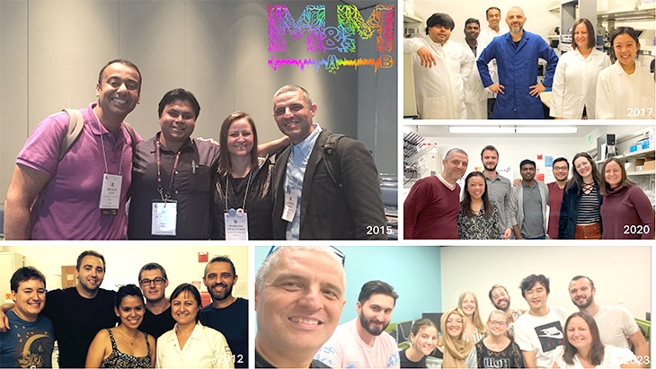 Alt text: A collage of group photos from 2012, 2015, 2017, 2020, and 2023, showing scientists in lab and conference settings. One image features a colorful "M&M" logo.