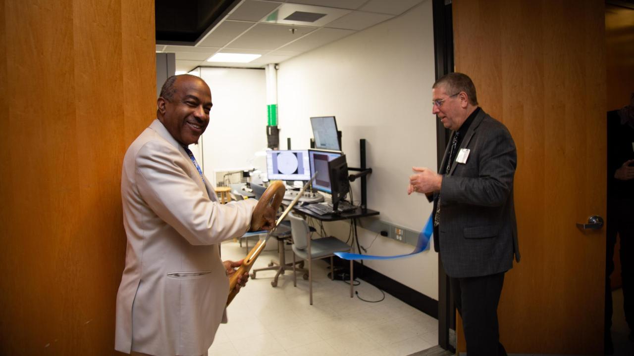 UC Davis Chancellor Gary May and College of Biological Sciences Dean Mark Winey celebrate the opening of the new cryo EM facility. Jen Prahl Gary May and Mark Winey