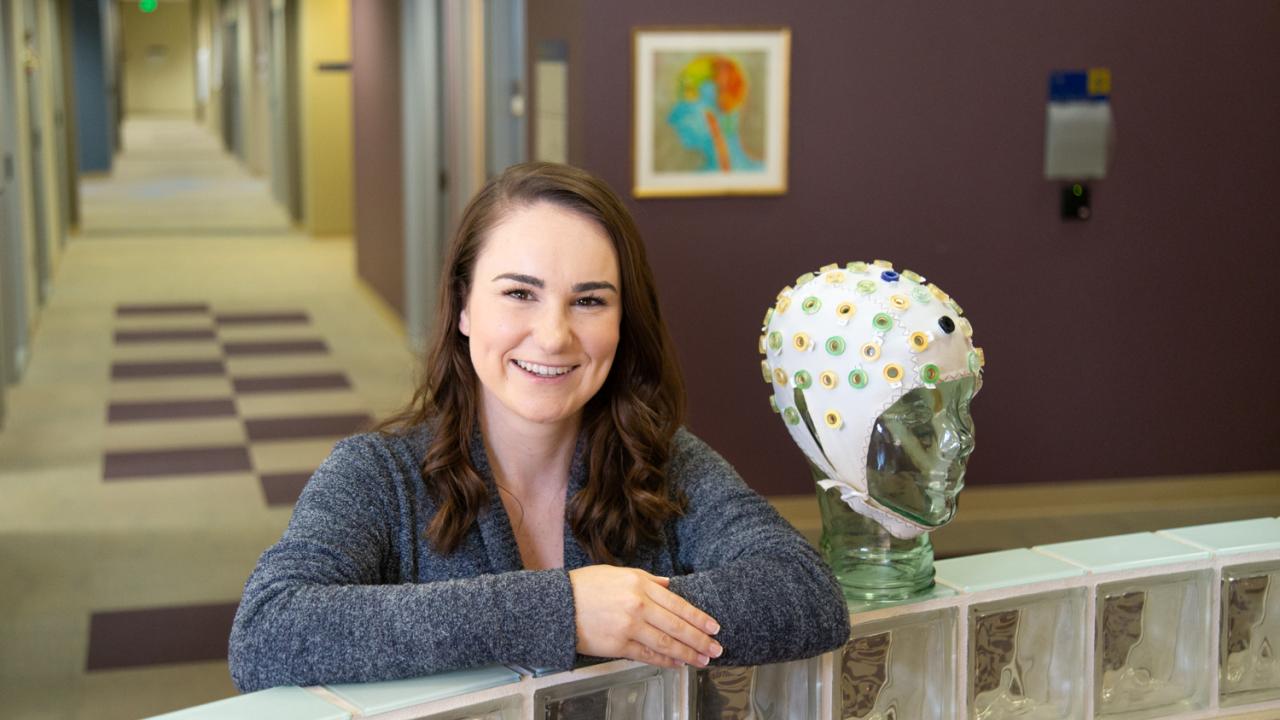 Kelsey Klein uses an EEG (electroencephalography) cap to measure the electrophysiological responses of the brain. David Slipher/UC Davis Since finishing her undergraduate coursework at the end of the winter quarter, Kelsey Klein has continued conducting lab work at the Center for Mind and Brain. David Slipher/UC Davis