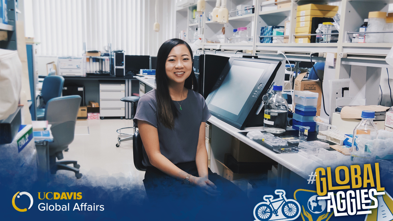 UC Davis global disease biology major Amanda Nguyen conducting lab work at the National Institute of Genetics in Mishima, Japan.