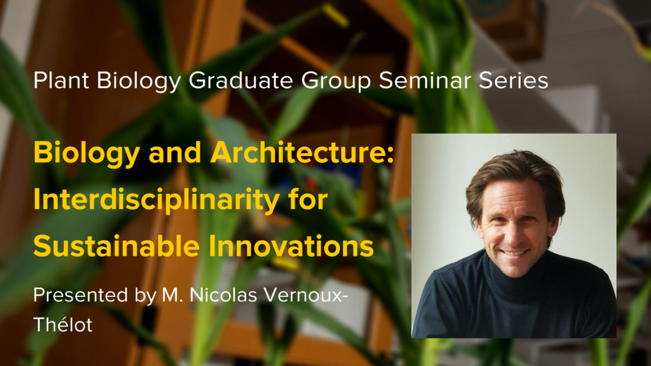 Plant graphic with seminar title and image of the presenter