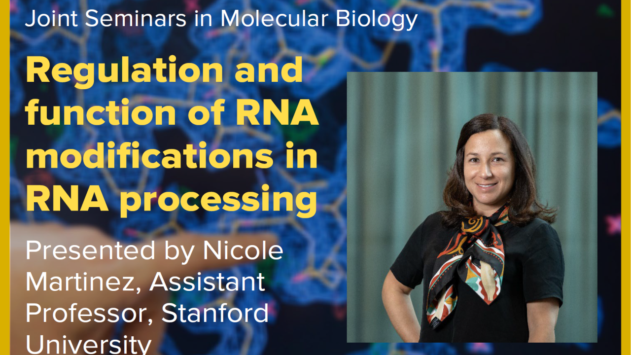 Blue graphic with seminar title, speaker name and title, and speaker photo