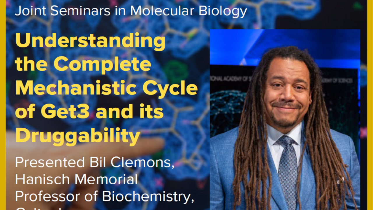 Blue graphic with seminar title, speaker name and title, and speaker photo