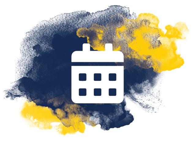 Calendar graphic over blue and gold watercolor marks