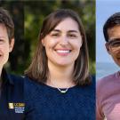 Three individuals smiling in separate portraits. The first wears a navy UC Davis polo with greenery behind them, the second a blue top with a gold necklace outdoors, and the third a pink shirt with a coastal background.