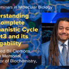 Blue graphic with seminar title, speaker name and title, and speaker photo